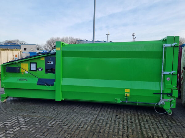 Abfallpresscontainer in grün draußen Ansicht der Seite